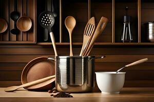 a kitchen with wooden utensils and spoons. AI-Generated photo