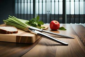 a cutting board with a knife and some vegetables. AI-Generated photo