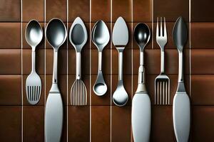 a collection of silverware on a brown background. AI-Generated photo