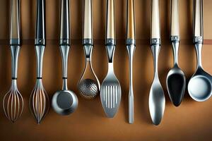 a group of different utensils are lined up on a table. AI-Generated photo