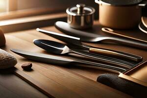 a table with a variety of utensils and a pan. AI-Generated photo
