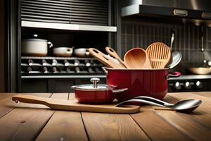 a kitchen with pots and pans on a wooden table. AI-Generated photo