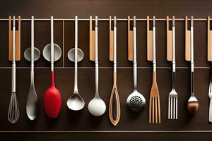 a rack of utensils and spoons hanging on a wall. AI-Generated photo
