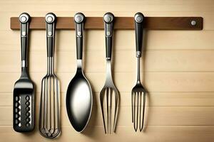 kitchen utensils hanging on a wooden wall. AI-Generated photo