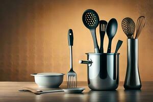 a collection of kitchen utensils on a table. AI-Generated photo