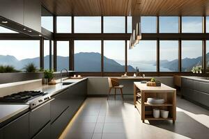 a modern kitchen with a view of the mountains. AI-Generated photo