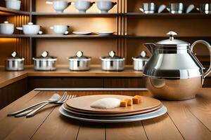 a silver pot and a plate on a wooden table. AI-Generated photo