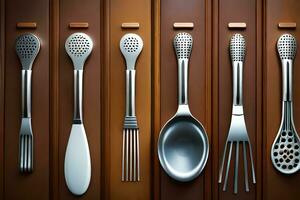 a set of utensils on a wooden surface. AI-Generated photo
