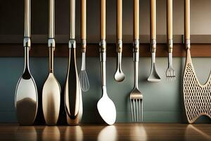 a row of utensils are hanging on a wall. AI-Generated photo