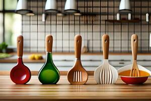 a row of wooden utensils on a counter. AI-Generated photo