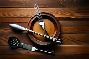 un tenedor, cuchara y cuchillo en un de madera mesa. generado por ai foto