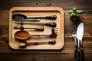 a wooden cutting board with utensils on it. AI-Generated photo