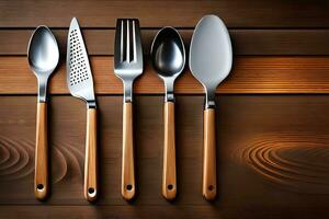 four different types of utensils on a wooden table. AI-Generated photo