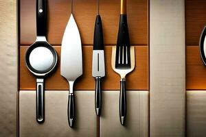 a group of knives and spoons on a table. AI-Generated photo