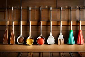 a row of spoons and spatulas on a wooden shelf. AI-Generated photo