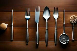 a set of silverware on a wooden table. AI-Generated photo