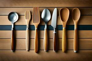 five wooden utensils on a wooden table. AI-Generated photo