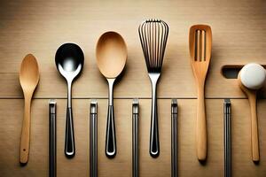 a group of wooden utensils on a table. AI-Generated photo