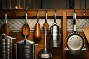kitchen utensils hanging on a wall. AI-Generated photo