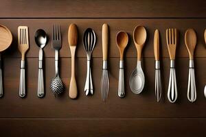 a collection of utensils on a wooden table. AI-Generated photo