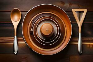 a wooden bowl with a spoon and fork on top. AI-Generated photo