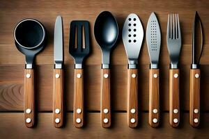 un colección de cocina utensilios en un de madera mesa. generado por ai foto