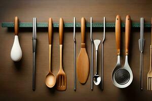 a group of utensils are hanging on a wall. AI-Generated photo