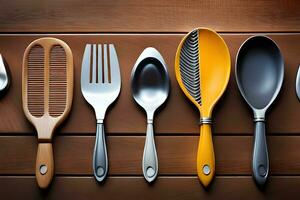 a group of different utensils on a wooden table. AI-Generated photo