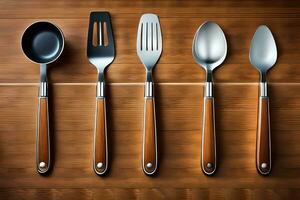 cuatro diferente utensilios en un de madera mesa. generado por ai foto