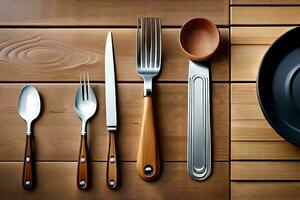 a set of utensils on a wooden table. AI-Generated photo