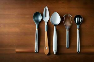 a group of four utensils on a wooden surface. AI-Generated photo