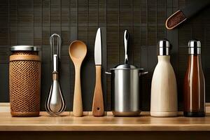 various kitchen utensils are lined up on a counter. AI-Generated photo