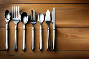 five silverware on a wooden table. AI-Generated photo