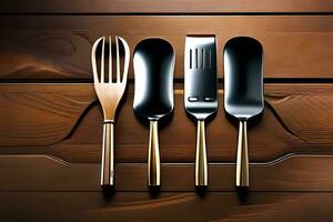 four different utensils are shown on a wooden surface. AI-Generated photo