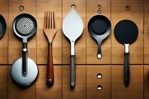 a collection of utensils on a wooden surface. AI-Generated photo