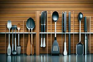 a shelf with many different utensils on it. AI-Generated photo