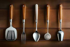 five different utensils are lined up on a wooden surface. AI-Generated photo