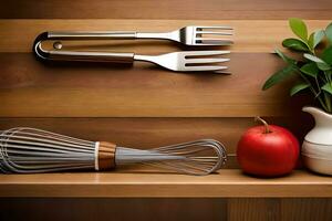 kitchen utensils on a shelf. AI-Generated photo