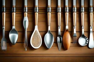 a collection of utensils on a wooden table. AI-Generated photo