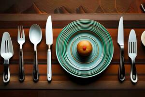 a table setting with a plate, fork, knife and spoon. AI-Generated photo