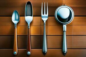 four silverware utensils on a wooden table. AI-Generated photo