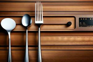 a set of silverware and a knife on a wooden surface. AI-Generated photo