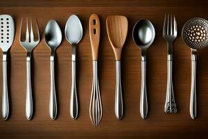 a collection of utensils on a wooden surface. AI-Generated photo