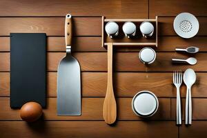 a wooden table with utensils and spoons. AI-Generated photo