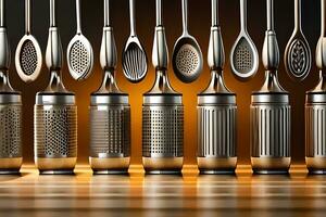 a row of metal utensils with different shapes. AI-Generated photo