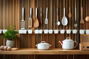 kitchen utensils on wooden shelf. AI-Generated photo