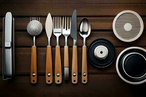 a table with a variety of utensils and spoons. AI-Generated photo