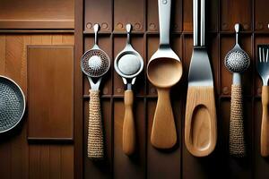 a group of wooden utensils are arranged on a wooden shelf. AI-Generated photo