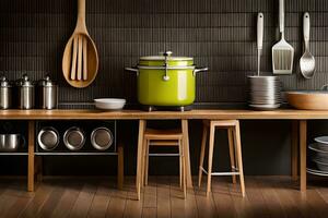 a kitchen with a green pot on a wooden counter. AI-Generated photo