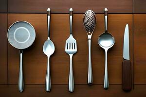 a group of four silverware items on a wooden table. AI-Generated photo